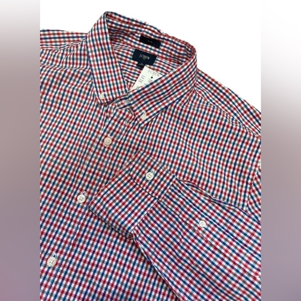 J. Crew Men's Slim Fit Woven Button Shirt Cotton Red Blue Plaid Check XL 06134